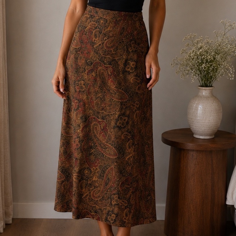 Lauren Ralph Lauren 100% SILK Maxi Skirt 4 Paisley Brown Burgundy Dark Academia